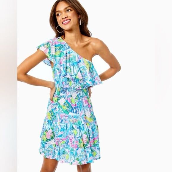 Lilly Pulitzer Addilyn Pop Up Wish You Were Here One Shoulder Dress - Picture 1 of 11
